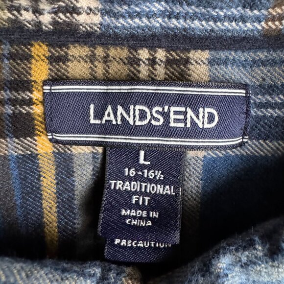Lands End Flannel Shirt Mens L Traditional‎ Plaid Blue Yellow Thick Soft Button - Picture 5 of 7